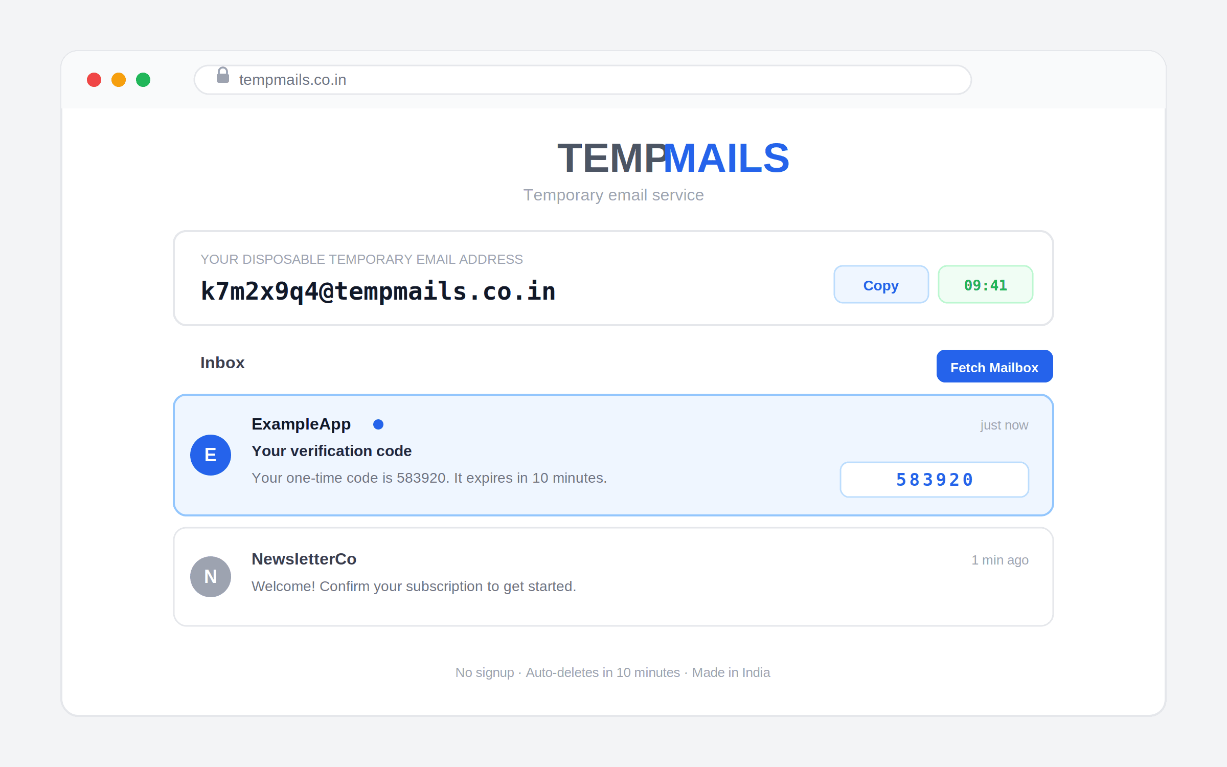 TempMails.co.in inbox receiving a verification OTP email